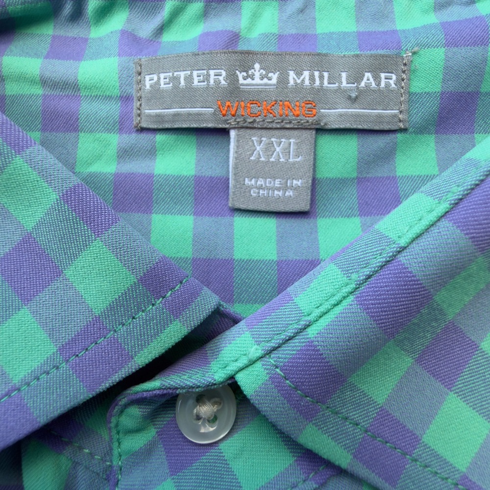 Peter Millar XXL Mens Green Purple Gingham Wicking Long Sleeve Button Down Shirt - Picture 3 of 6